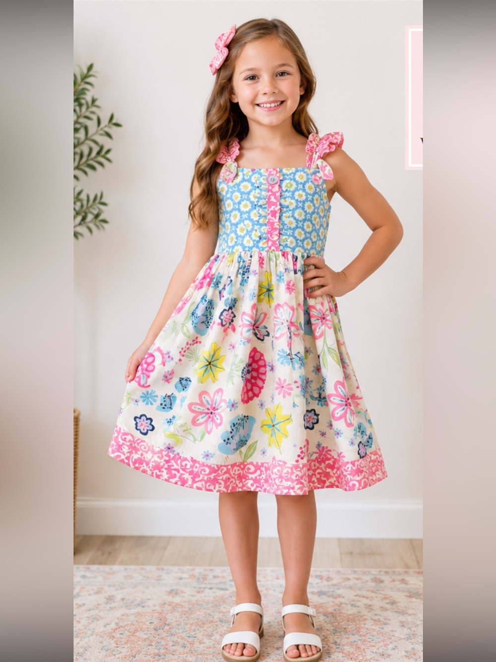 Eleanor Rose Girls Floral Boutique Dress Pink Blue Ruffle Sundress Size 7/8